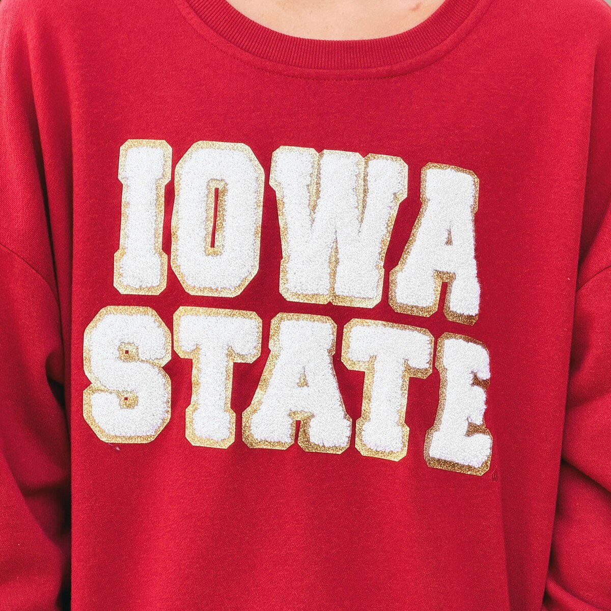 Colosseum Women's Iowa State Cardinal Chenille Crewneck Sweatshirt design close up